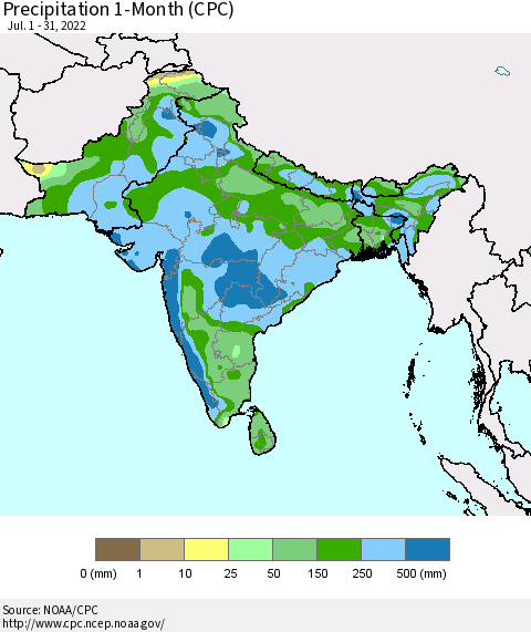 Southern Asia Precipitation 1-Month (CPC) Thematic Map For 7/1/2022 - 7/31/2022