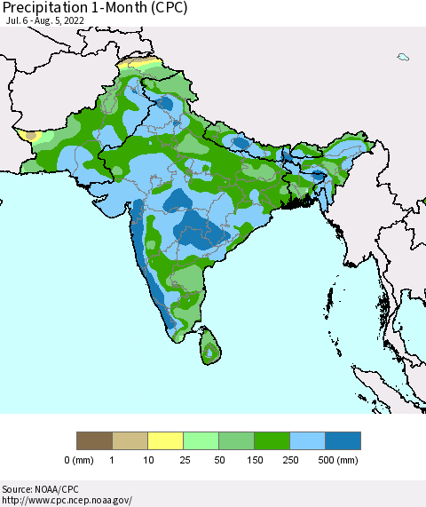 Southern Asia Precipitation 1-Month (CPC) Thematic Map For 7/6/2022 - 8/5/2022