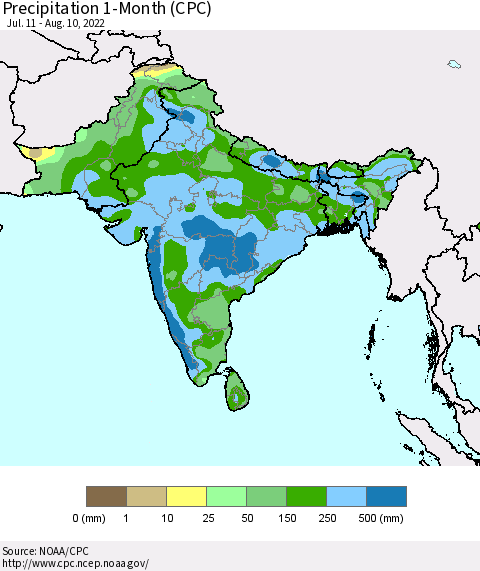 Southern Asia Precipitation 1-Month (CPC) Thematic Map For 7/11/2022 - 8/10/2022