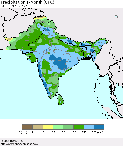 Southern Asia Precipitation 1-Month (CPC) Thematic Map For 7/16/2022 - 8/15/2022