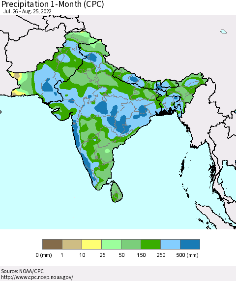 Southern Asia Precipitation 1-Month (CPC) Thematic Map For 7/26/2022 - 8/25/2022