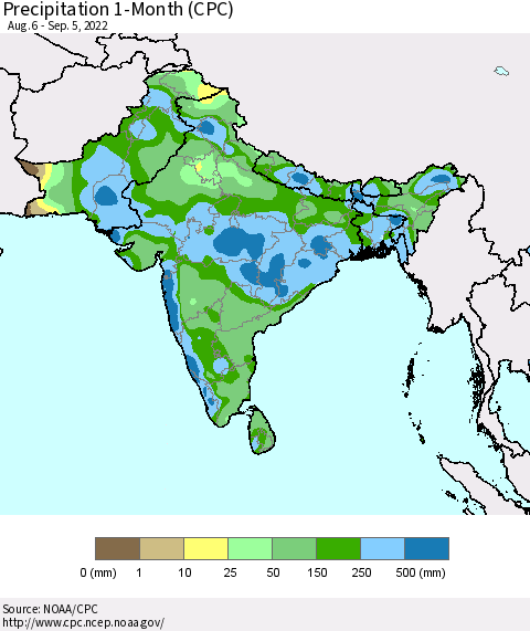 Southern Asia Precipitation 1-Month (CPC) Thematic Map For 8/6/2022 - 9/5/2022