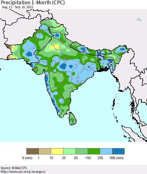 Southern Asia Precipitation 1-Month (CPC) Thematic Map For 8/11/2022 - 9/10/2022