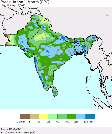 Southern Asia Precipitation 1-Month (CPC) Thematic Map For 8/16/2022 - 9/15/2022