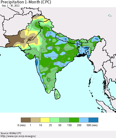 Southern Asia Precipitation 1-Month (CPC) Thematic Map For 9/1/2022 - 9/30/2022