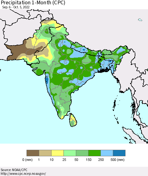 Southern Asia Precipitation 1-Month (CPC) Thematic Map For 9/6/2022 - 10/5/2022
