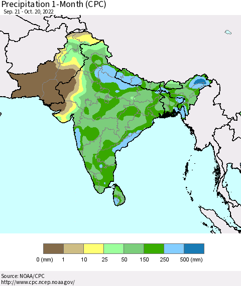 Southern Asia Precipitation 1-Month (CPC) Thematic Map For 9/21/2022 - 10/20/2022