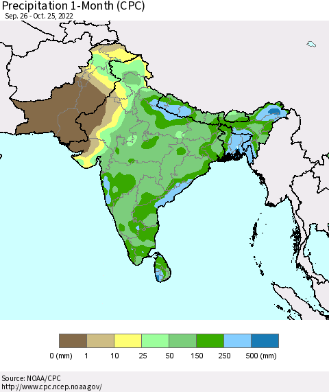 Southern Asia Precipitation 1-Month (CPC) Thematic Map For 9/26/2022 - 10/25/2022