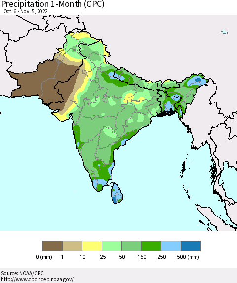 Southern Asia Precipitation 1-Month (CPC) Thematic Map For 10/6/2022 - 11/5/2022