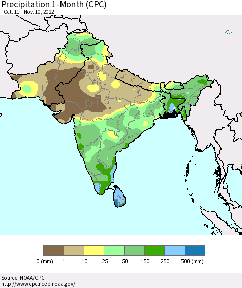 Southern Asia Precipitation 1-Month (CPC) Thematic Map For 10/11/2022 - 11/10/2022