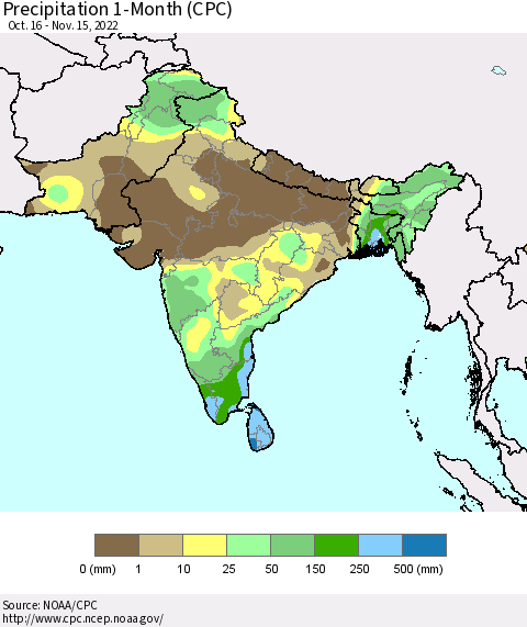 Southern Asia Precipitation 1-Month (CPC) Thematic Map For 10/16/2022 - 11/15/2022