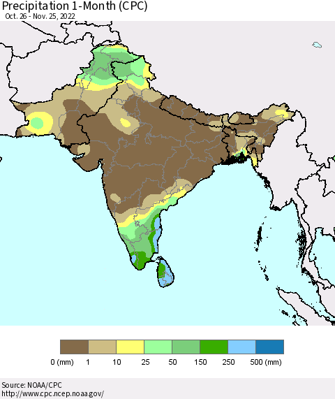 Southern Asia Precipitation 1-Month (CPC) Thematic Map For 10/26/2022 - 11/25/2022
