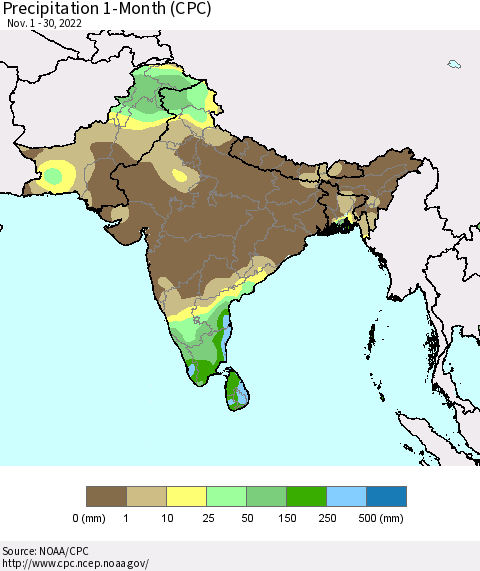 Southern Asia Precipitation 1-Month (CPC) Thematic Map For 11/1/2022 - 11/30/2022
