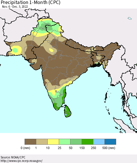 Southern Asia Precipitation 1-Month (CPC) Thematic Map For 11/6/2022 - 12/5/2022