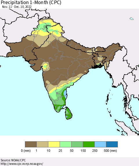 Southern Asia Precipitation 1-Month (CPC) Thematic Map For 11/11/2022 - 12/10/2022