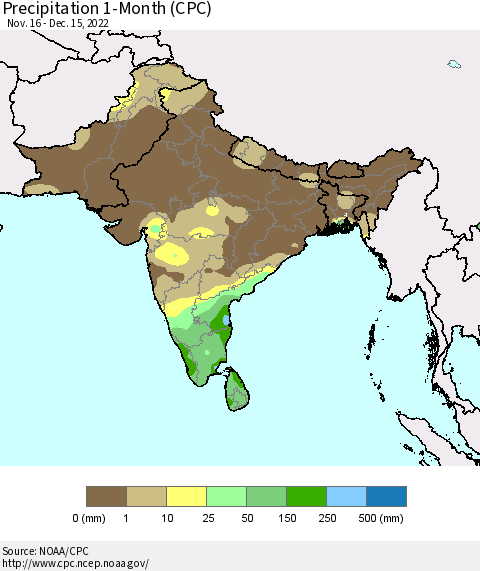 Southern Asia Precipitation 1-Month (CPC) Thematic Map For 11/16/2022 - 12/15/2022