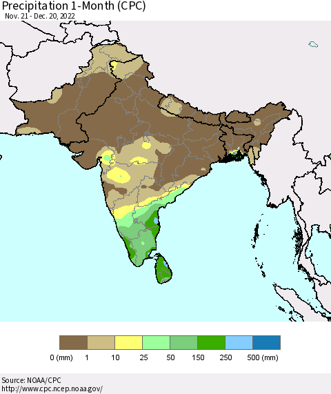 Southern Asia Precipitation 1-Month (CPC) Thematic Map For 11/21/2022 - 12/20/2022