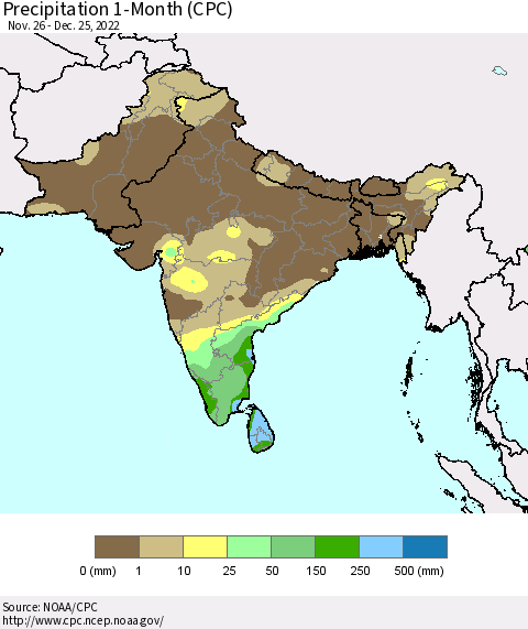 Southern Asia Precipitation 1-Month (CPC) Thematic Map For 11/26/2022 - 12/25/2022