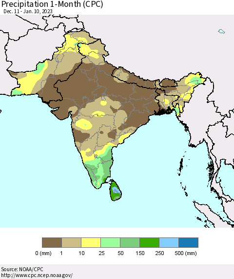 Southern Asia Precipitation 1-Month (CPC) Thematic Map For 12/11/2022 - 1/10/2023