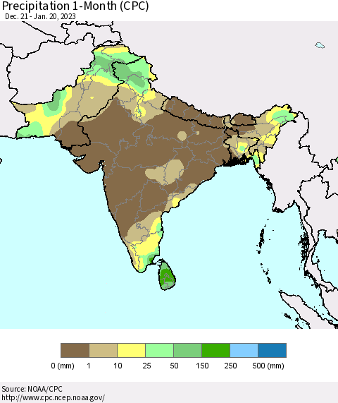 Southern Asia Precipitation 1-Month (CPC) Thematic Map For 12/21/2022 - 1/20/2023