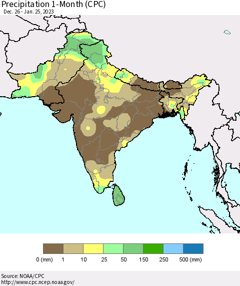 Southern Asia Precipitation 1-Month (CPC) Thematic Map For 12/26/2022 - 1/25/2023