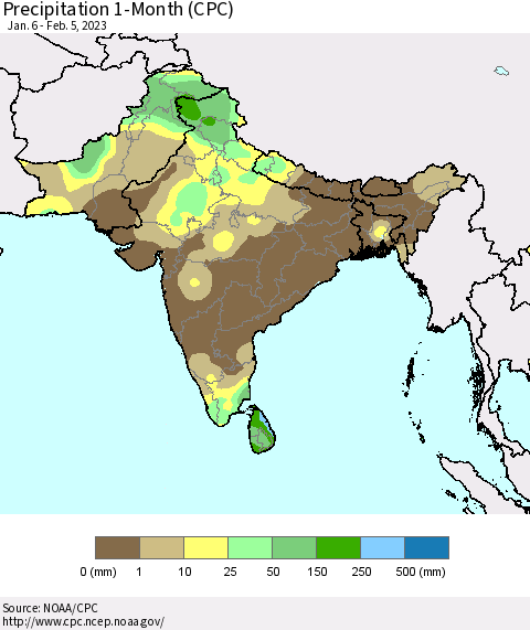 Southern Asia Precipitation 1-Month (CPC) Thematic Map For 1/6/2023 - 2/5/2023