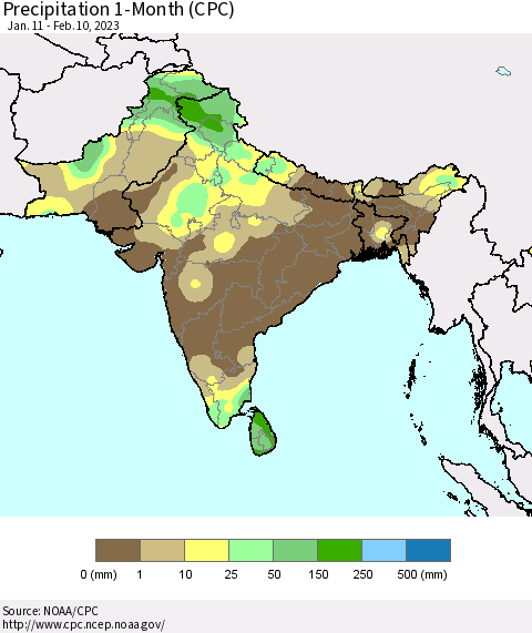 Southern Asia Precipitation 1-Month (CPC) Thematic Map For 1/11/2023 - 2/10/2023