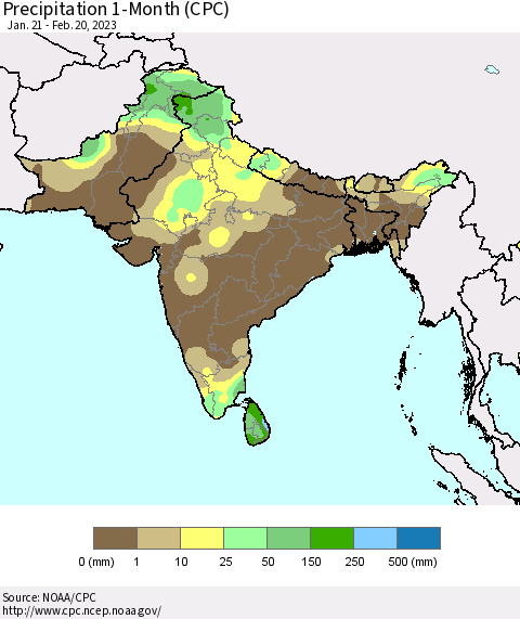 Southern Asia Precipitation 1-Month (CPC) Thematic Map For 1/21/2023 - 2/20/2023