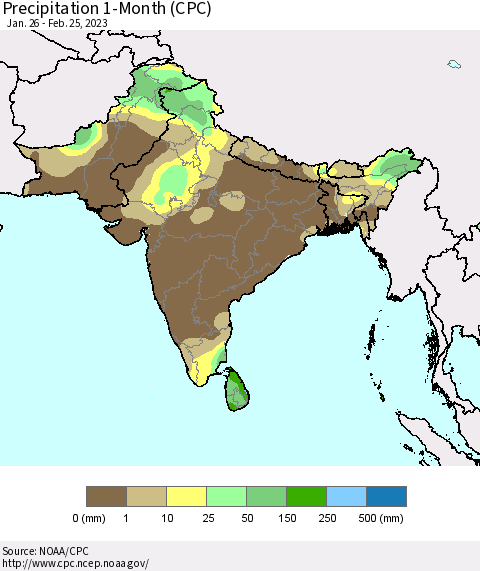 Southern Asia Precipitation 1-Month (CPC) Thematic Map For 1/26/2023 - 2/25/2023