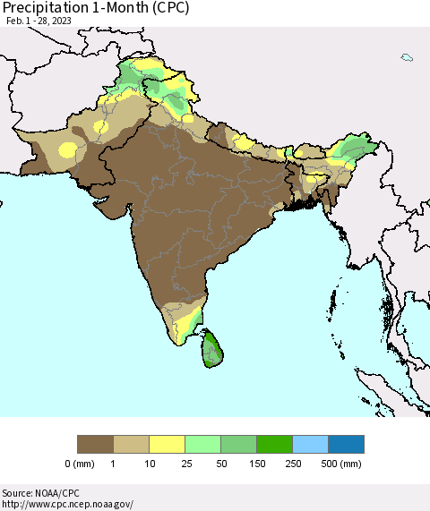 Southern Asia Precipitation 1-Month (CPC) Thematic Map For 2/1/2023 - 2/28/2023