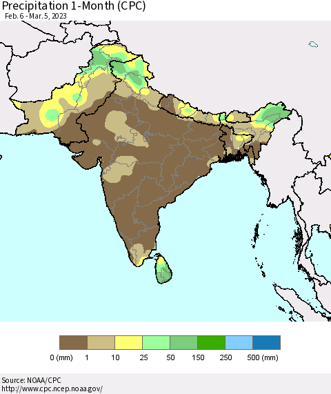 Southern Asia Precipitation 1-Month (CPC) Thematic Map For 2/6/2023 - 3/5/2023
