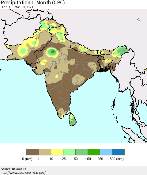 Southern Asia Precipitation 1-Month (CPC) Thematic Map For 2/11/2023 - 3/10/2023