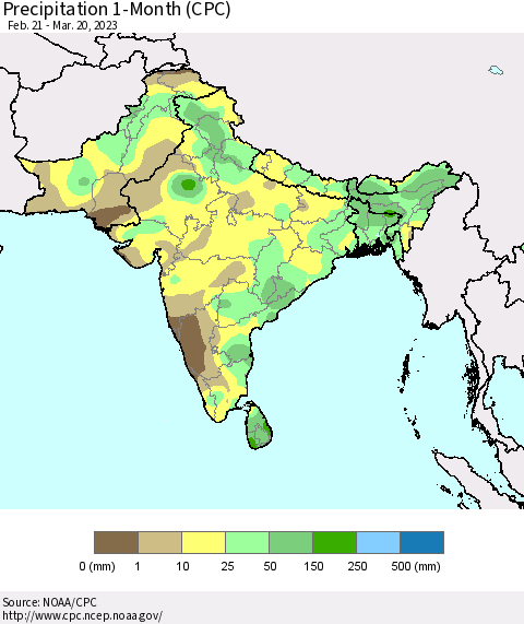 Southern Asia Precipitation 1-Month (CPC) Thematic Map For 2/21/2023 - 3/20/2023