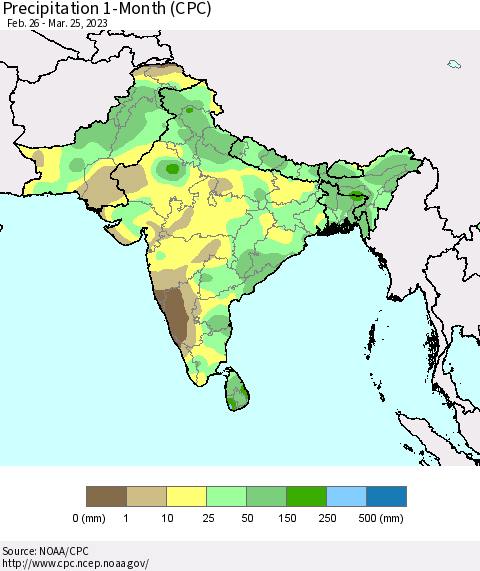Southern Asia Precipitation 1-Month (CPC) Thematic Map For 2/26/2023 - 3/25/2023