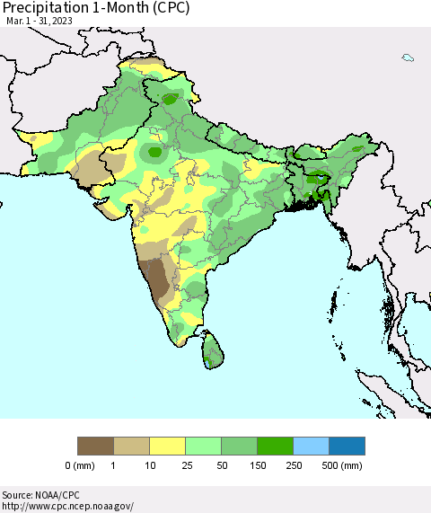 Southern Asia Precipitation 1-Month (CPC) Thematic Map For 3/1/2023 - 3/31/2023