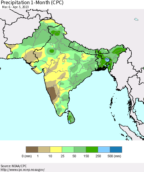 Southern Asia Precipitation 1-Month (CPC) Thematic Map For 3/6/2023 - 4/5/2023
