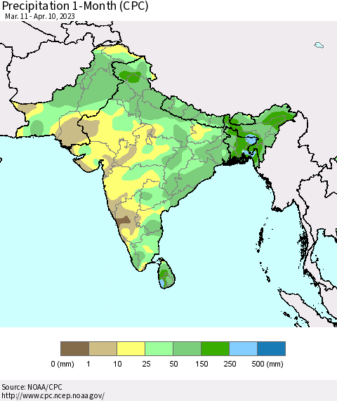 Southern Asia Precipitation 1-Month (CPC) Thematic Map For 3/11/2023 - 4/10/2023