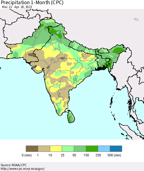 Southern Asia Precipitation 1-Month (CPC) Thematic Map For 3/21/2023 - 4/20/2023