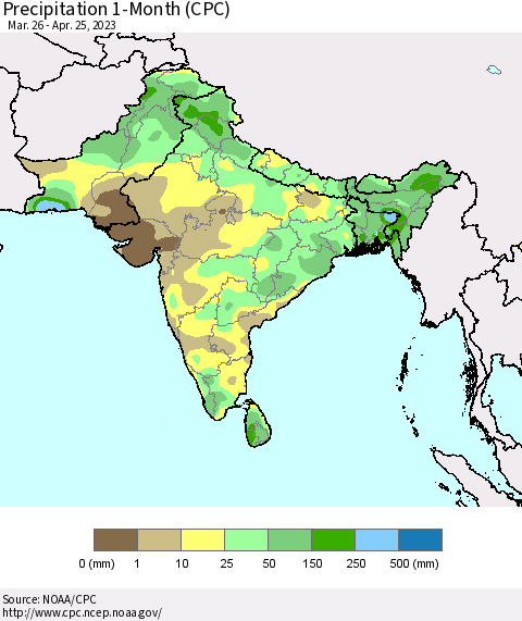 Southern Asia Precipitation 1-Month (CPC) Thematic Map For 3/26/2023 - 4/25/2023