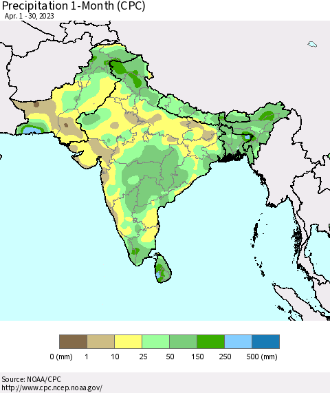 Southern Asia Precipitation 1-Month (CPC) Thematic Map For 4/1/2023 - 4/30/2023