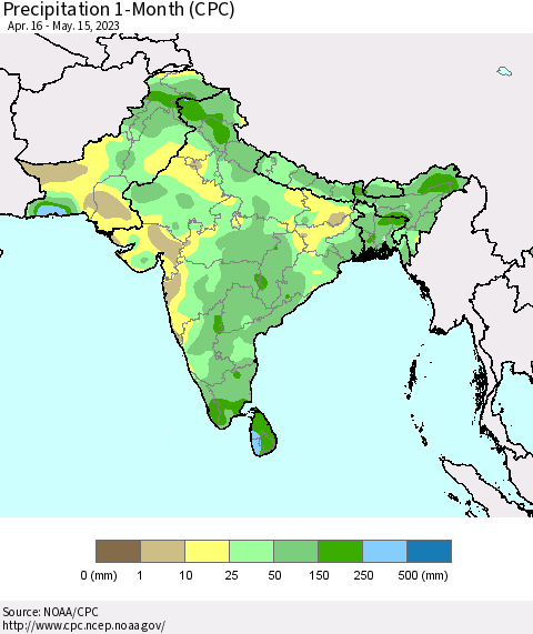 Southern Asia Precipitation 1-Month (CPC) Thematic Map For 4/16/2023 - 5/15/2023