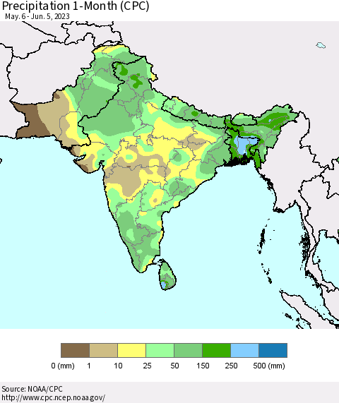 Southern Asia Precipitation 1-Month (CPC) Thematic Map For 5/6/2023 - 6/5/2023