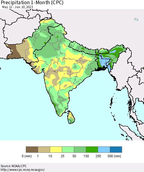 Southern Asia Precipitation 1-Month (CPC) Thematic Map For 5/11/2023 - 6/10/2023