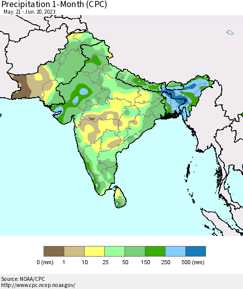 Southern Asia Precipitation 1-Month (CPC) Thematic Map For 5/21/2023 - 6/20/2023
