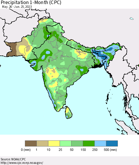 Southern Asia Precipitation 1-Month (CPC) Thematic Map For 5/26/2023 - 6/25/2023
