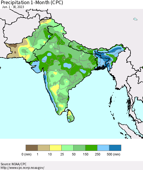 Southern Asia Precipitation 1-Month (CPC) Thematic Map For 6/1/2023 - 6/30/2023
