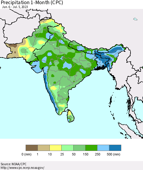 Southern Asia Precipitation 1-Month (CPC) Thematic Map For 6/6/2023 - 7/5/2023