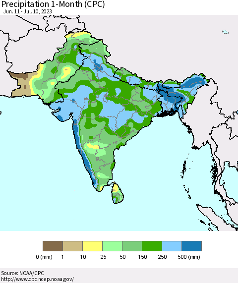 Southern Asia Precipitation 1-Month (CPC) Thematic Map For 6/11/2023 - 7/10/2023