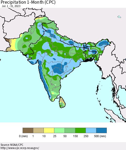 Southern Asia Precipitation 1-Month (CPC) Thematic Map For 7/1/2023 - 7/31/2023