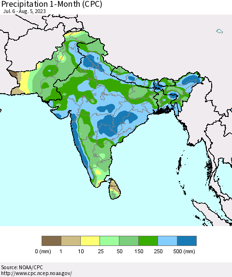 Southern Asia Precipitation 1-Month (CPC) Thematic Map For 7/6/2023 - 8/5/2023
